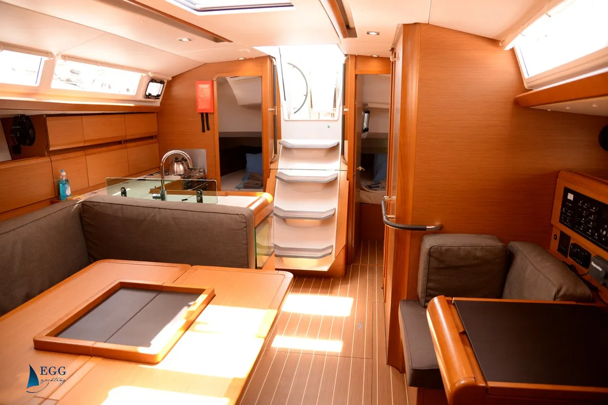 Salon of Feeling Fine, a Jeanneau Sun Odyssey 419 sailboat at Marmaris, Turkey