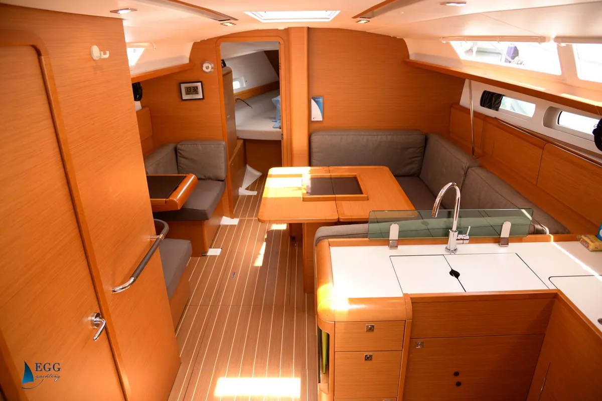 Salon of Feeling Fine, a Jeanneau Sun Odyssey 419 sailboat at Marmaris, Turkey