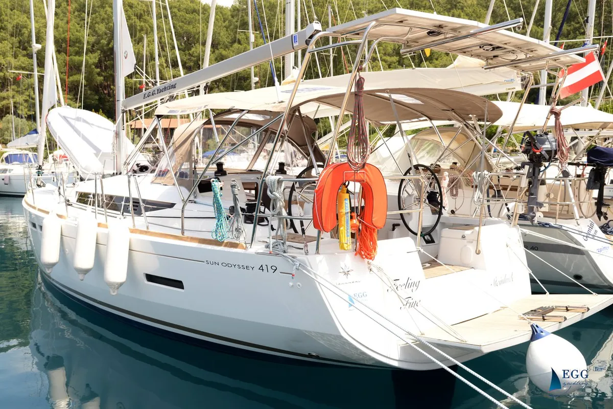 Exterior view of Feeling Fine, a Jeanneau Sun Odyssey 419 sailboat at Marmaris, Turkey