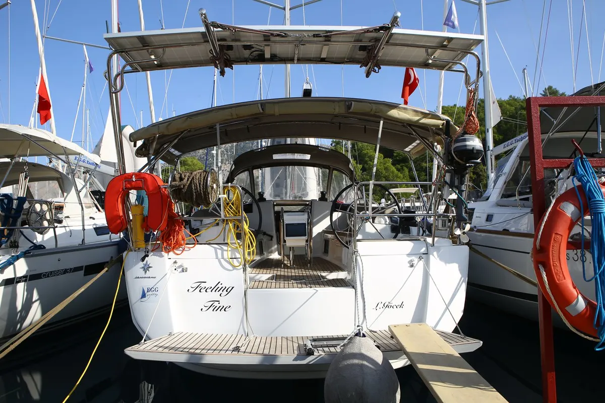 Exterior view of Feeling Fine, a Jeanneau Sun Odyssey 419 sailboat at Marmaris, Turkey