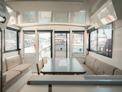 Salon of Moana, a Bali Catspace catamaran at Fethiye, Turkey