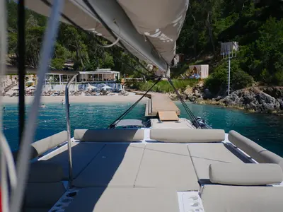 Deck of Moana, a Bali Catspace catamaran at Fethiye, Turkey