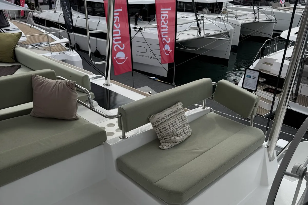 Deck of Katalea, a Bali 4.6 catamaran at Municipal Unit of Lefkada, Greece
