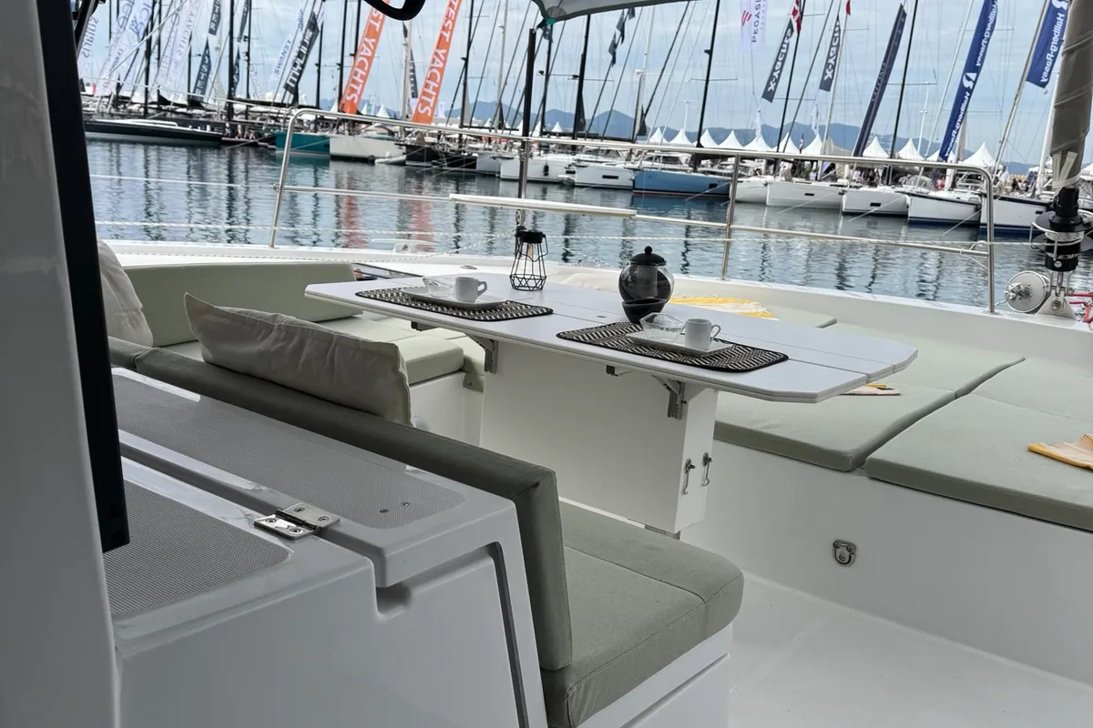 Deck of Katalea, a Bali 4.6 catamaran at Municipal Unit of Lefkada, Greece