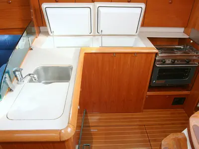 Galley of Baltic Sun, a Jeanneau Sun Odyssey 43 sailboat at Flensburg, Germany