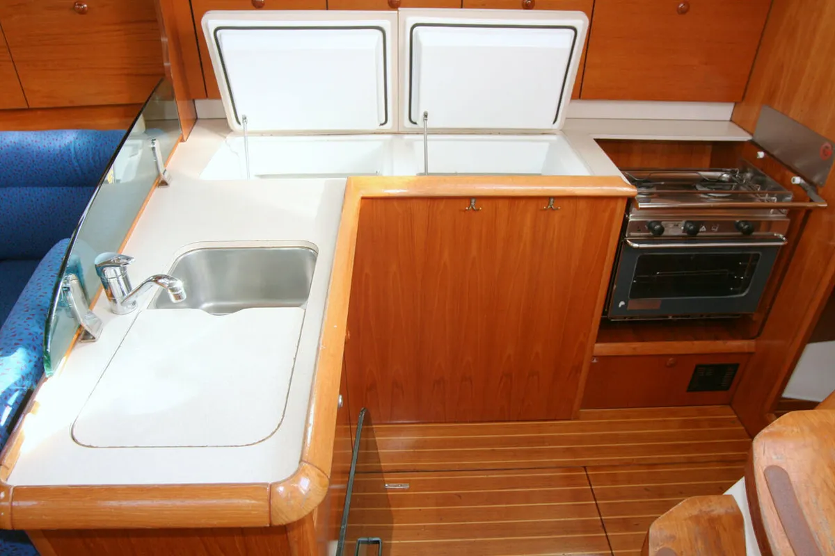 Galley of Baltic Sun, a Jeanneau Sun Odyssey 43 sailboat at Flensburg, Germany