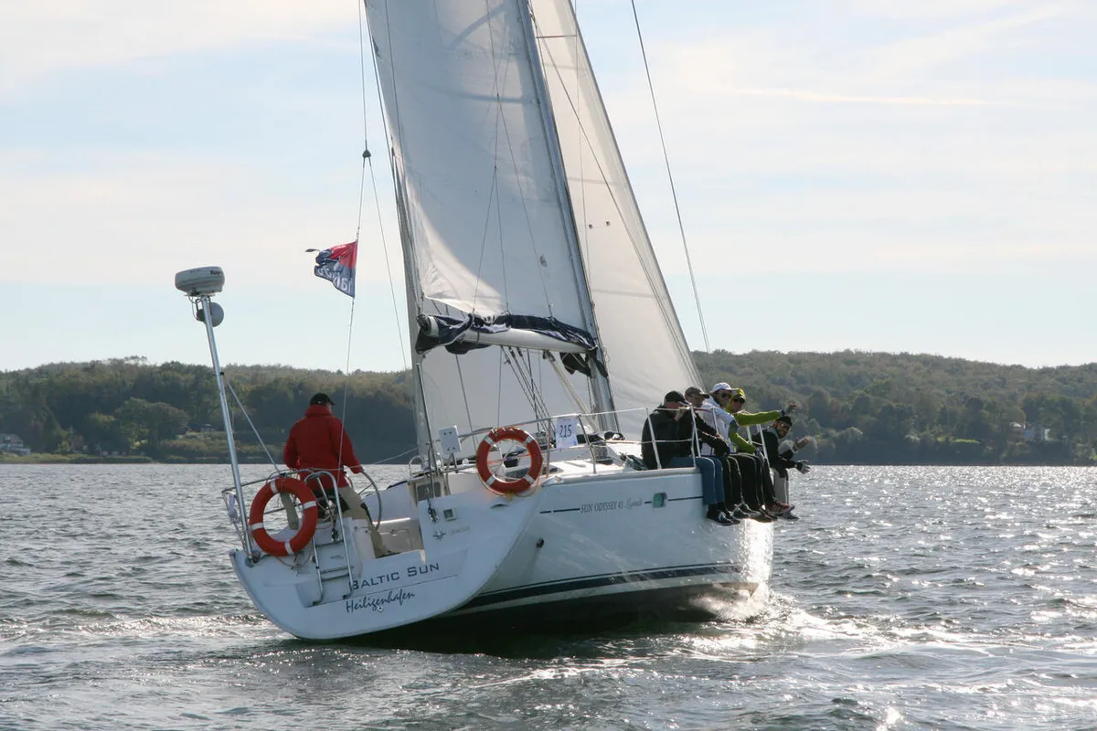 Exterior view of Baltic Sun, a Jeanneau Sun Odyssey 43 sailboat at Flensburg, Germany