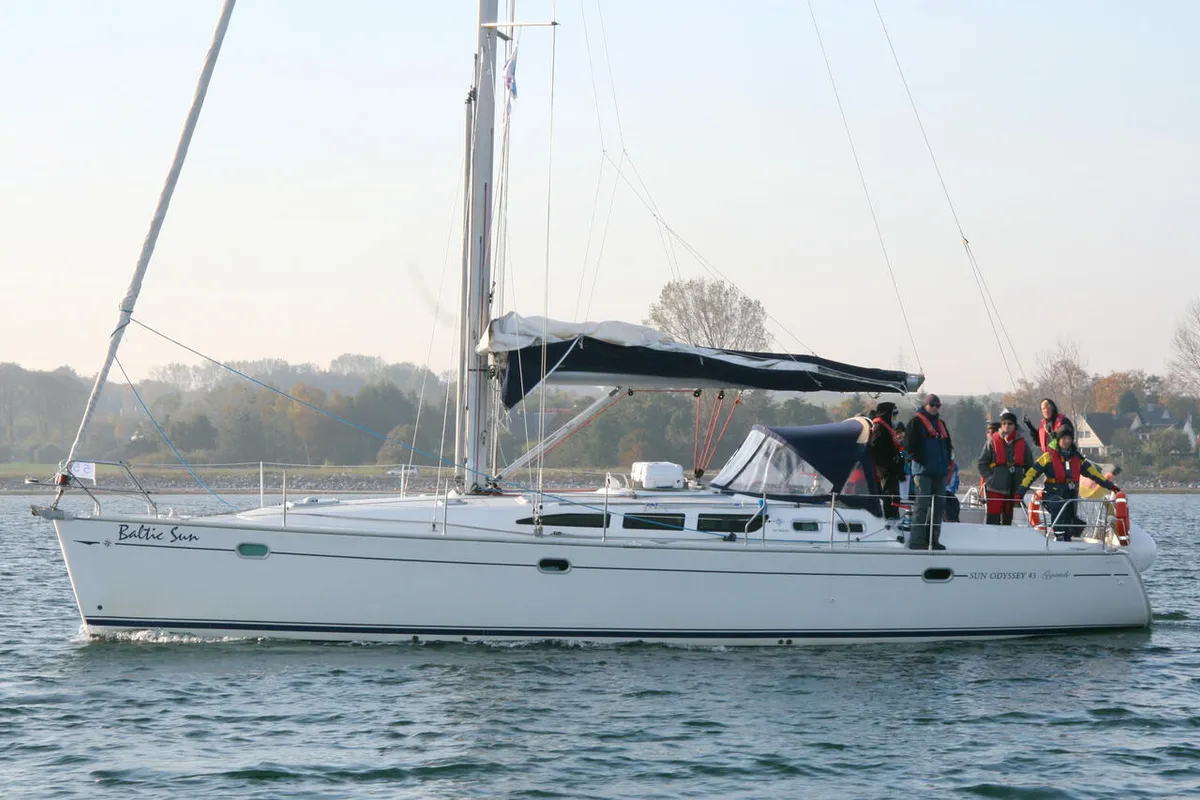 Exterior view of Baltic Sun, a Jeanneau Sun Odyssey 43 sailboat at Flensburg, Germany