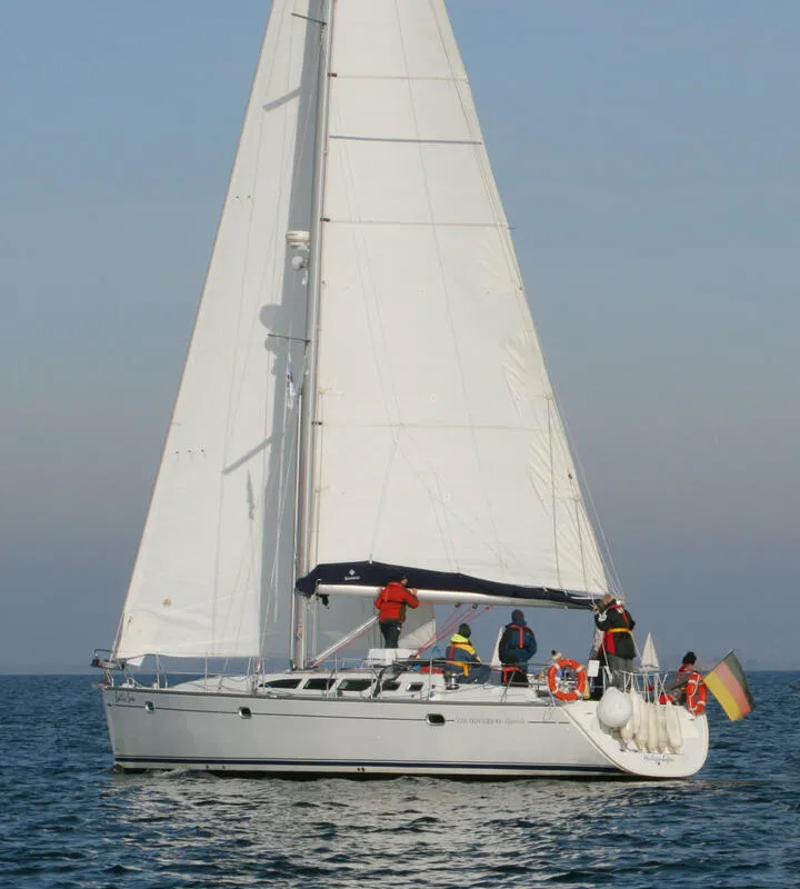 Exterior view of Baltic Sun, a Jeanneau Sun Odyssey 43 sailboat at Flensburg, Germany