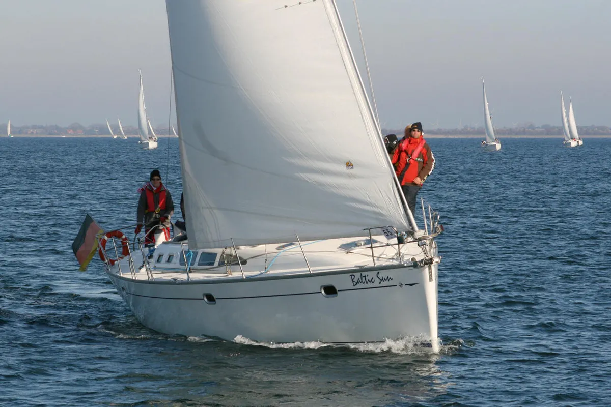 Exterior view of Baltic Sun, a Jeanneau Sun Odyssey 43 sailboat at Flensburg, Germany