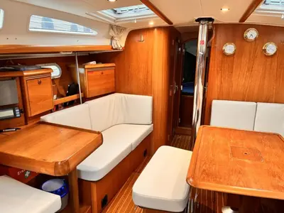 Salon of Baltic Sun, a Jeanneau Sun Odyssey 43 sailboat at Flensburg, Germany