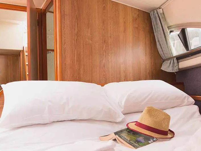 Cabin on Clipper, a Cygnet Clipper motorboat at Castelnaudary, France