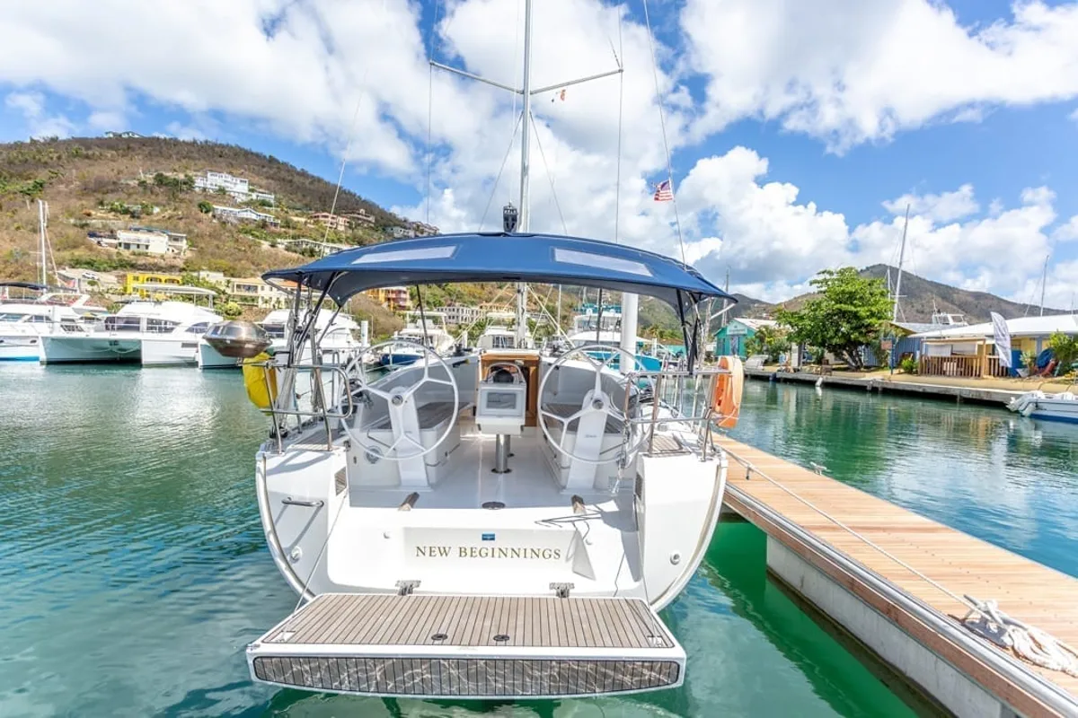 Exterior view of New Beginnings, a Bavaria 37 sailboat at Road Town, British Virgin Islands