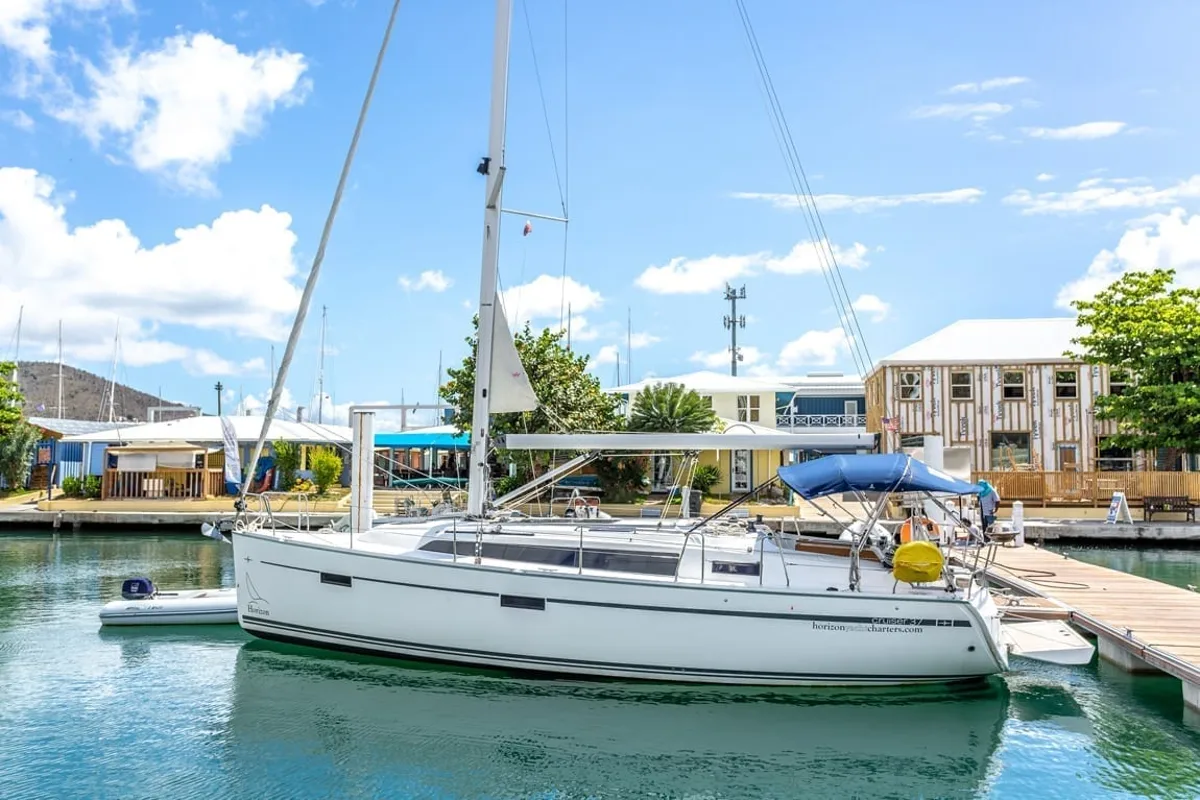 Exterior view of New Beginnings, a Bavaria 37 sailboat at Road Town, British Virgin Islands