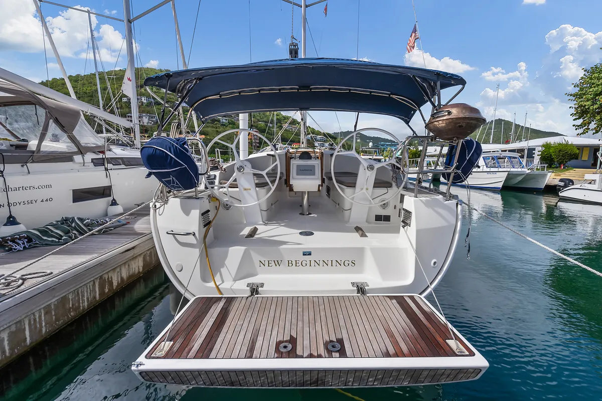 Exterior view of New Beginnings, a Bavaria 37 sailboat at Road Town, British Virgin Islands