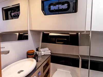 Cabin on Oaseas, a Fjord 41 XL motorboat at Olbia, Italy