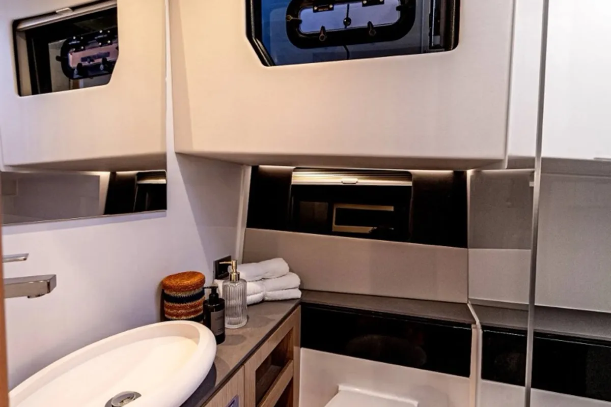 Cabin on Oaseas, a Fjord 41 XL motorboat at Olbia, Italy