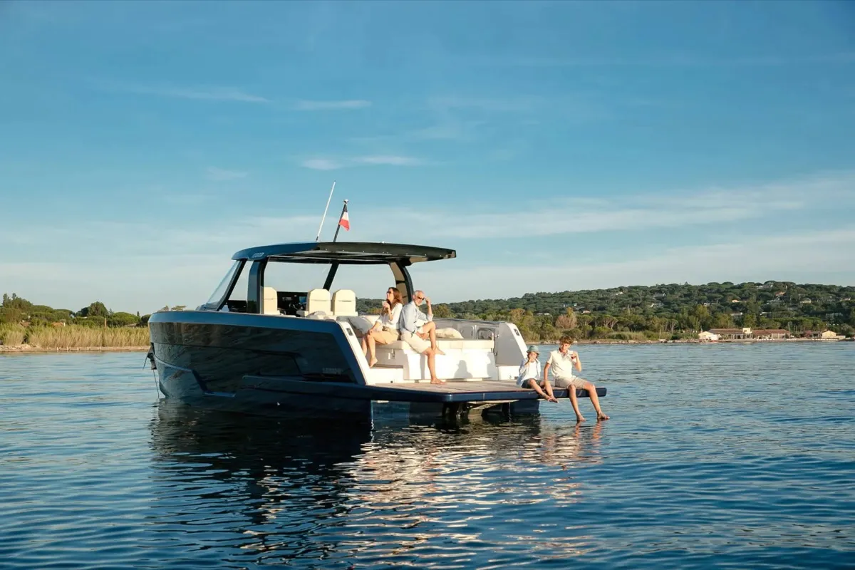 Cabin on Oaseas, a Fjord 41 XL motorboat at Olbia, Italy