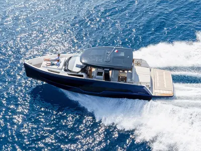 Exterior view of Oaseas, a Fjord 41 XL motorboat at Olbia, Italy