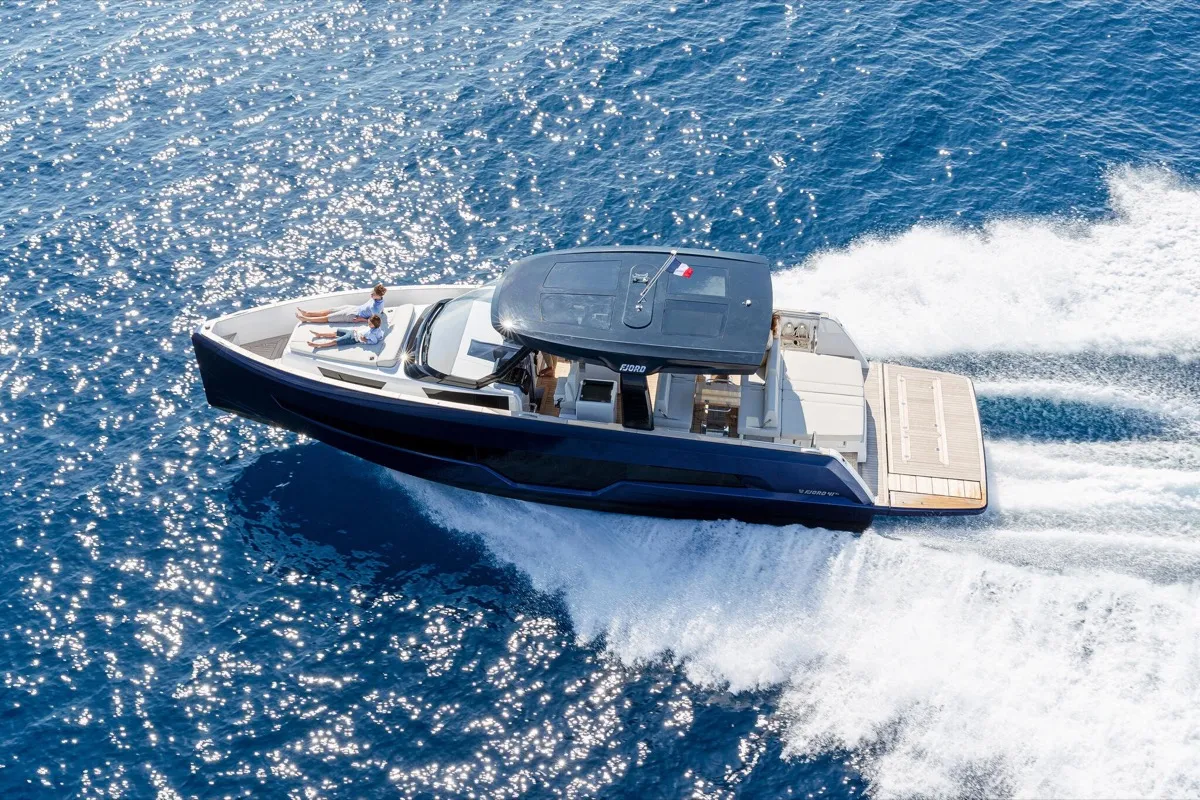 Exterior view of Oaseas, a Fjord 41 XL motorboat at Olbia, Italy