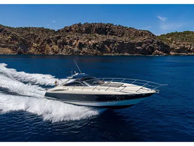 Navarone, a Sunseeker Camargue 47 motorboat at Mykonos, Greece