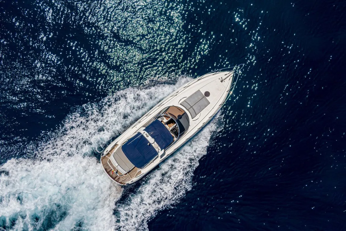 Navarone, a Sunseeker Camargue 47 motorboat at Mykonos, Greece