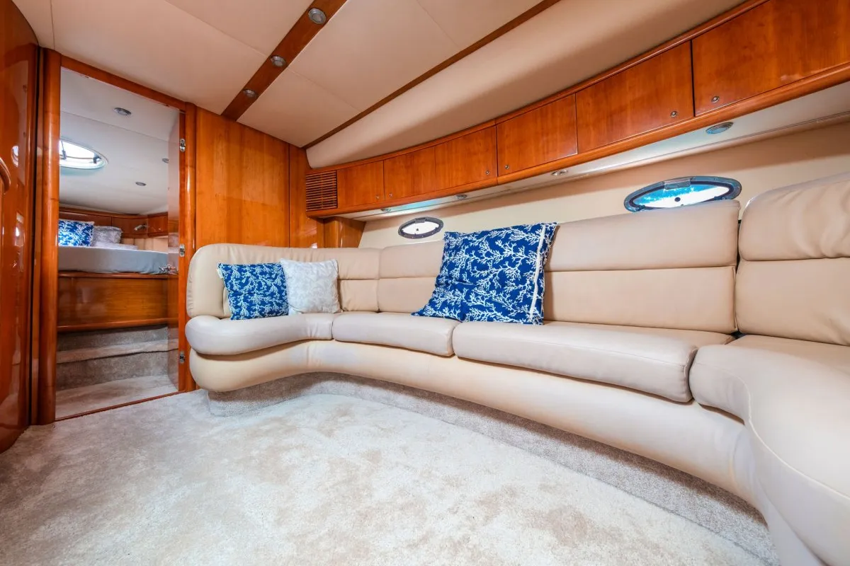 Navarone, a Sunseeker Camargue 47 motorboat at Mykonos, Greece