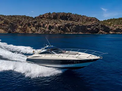 Navarone, a Sunseeker Camargue 47 motorboat at Mykonos, Greece