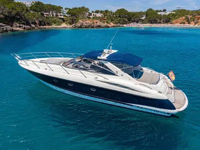 Navarone, a Sunseeker Camargue 47 motorboat at Mykonos, Greece