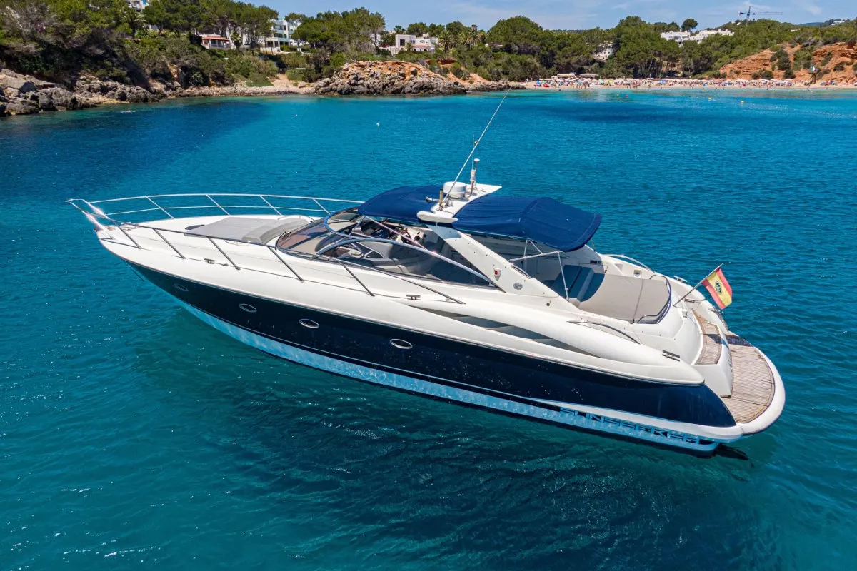 Navarone, a Sunseeker Camargue 47 motorboat at Mykonos, Greece