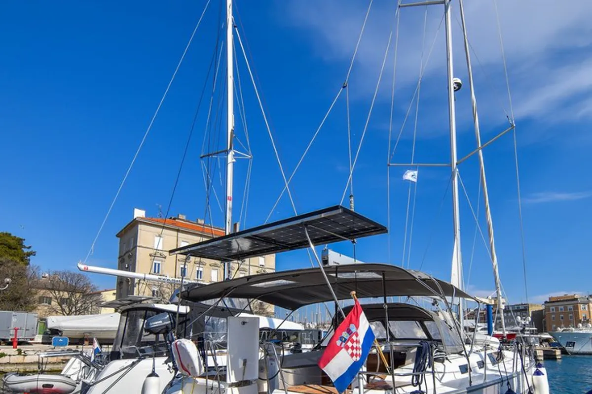 Exterior view of Fat Boy, a Bavaria Cruiser 56 sailboat at Zadar, Croatia