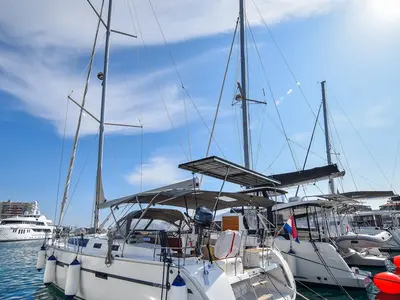 Cockpit of Fat Boy, a Bavaria Cruiser 56 sailboat at Zadar, Croatia
