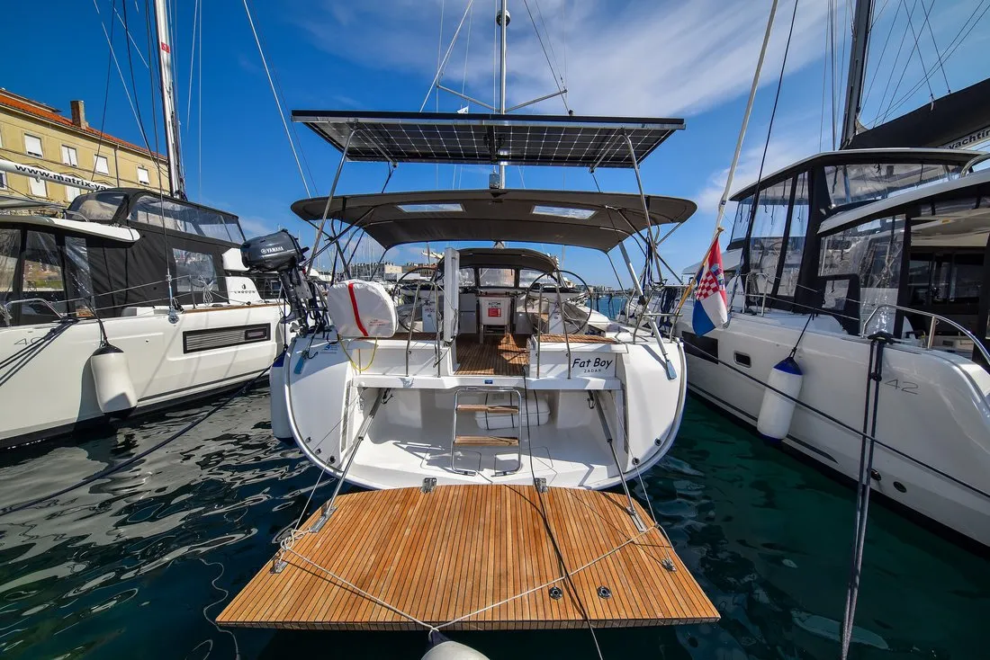 Exterior view of Fat Boy, a Bavaria Cruiser 56 sailboat at Zadar, Croatia