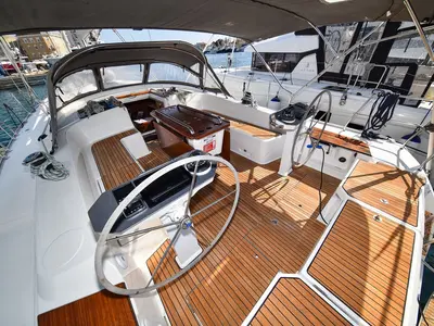 Deck of Fat Boy, a Bavaria Cruiser 56 sailboat at Zadar, Croatia