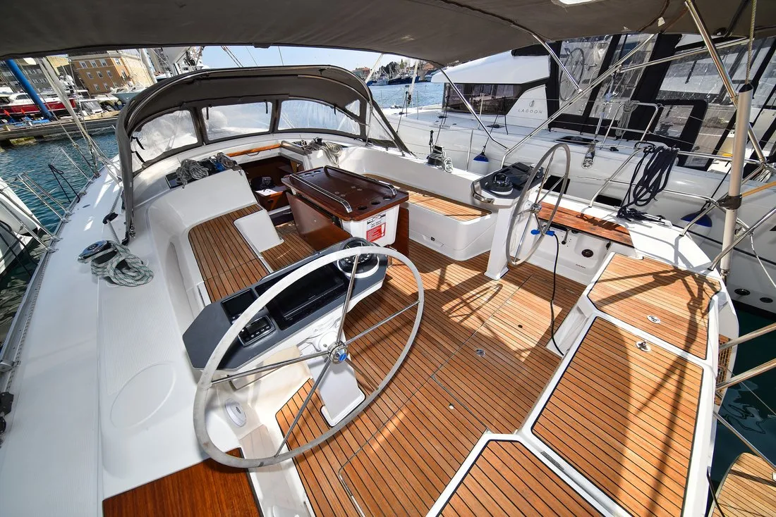 Deck of Fat Boy, a Bavaria Cruiser 56 sailboat at Zadar, Croatia