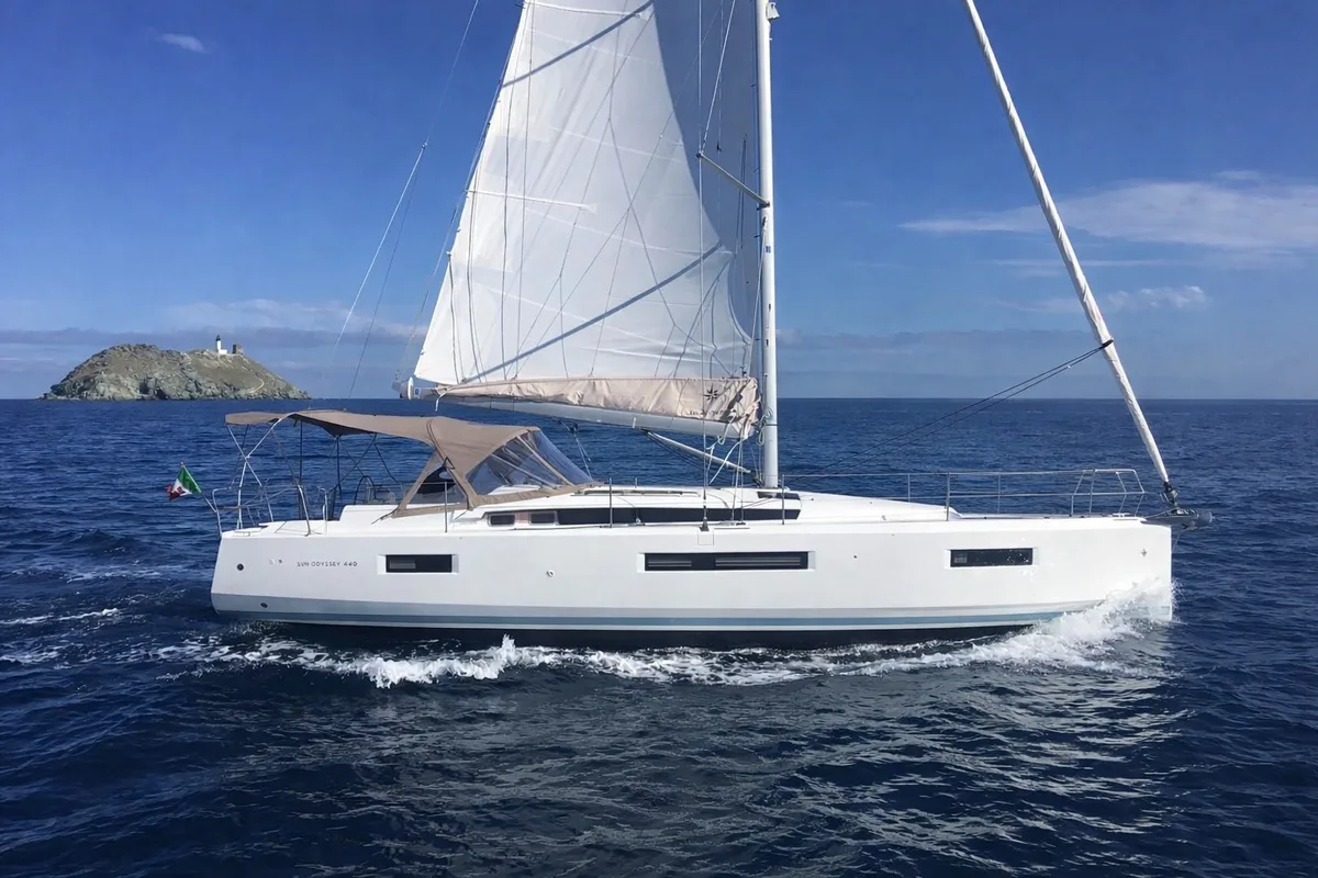 Exterior view of Obi Wan Kenobi, a Jeanneau Sun Odyssey 440 sailboat at Nettuno, Italy