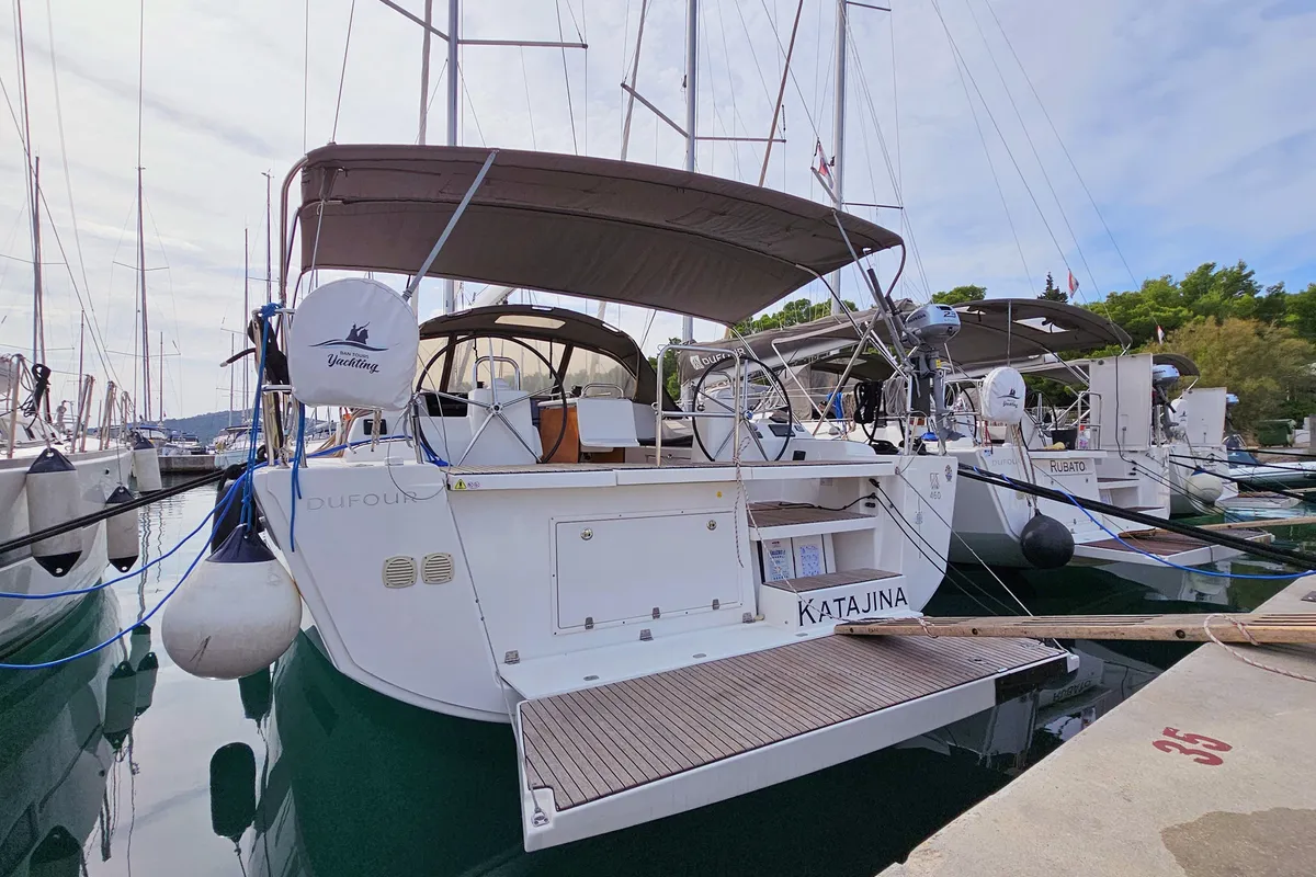 Exterior view of Katajina AC/Gen, a Dufour 460 Grand Large sailboat at Općina Rogoznica, Croatia