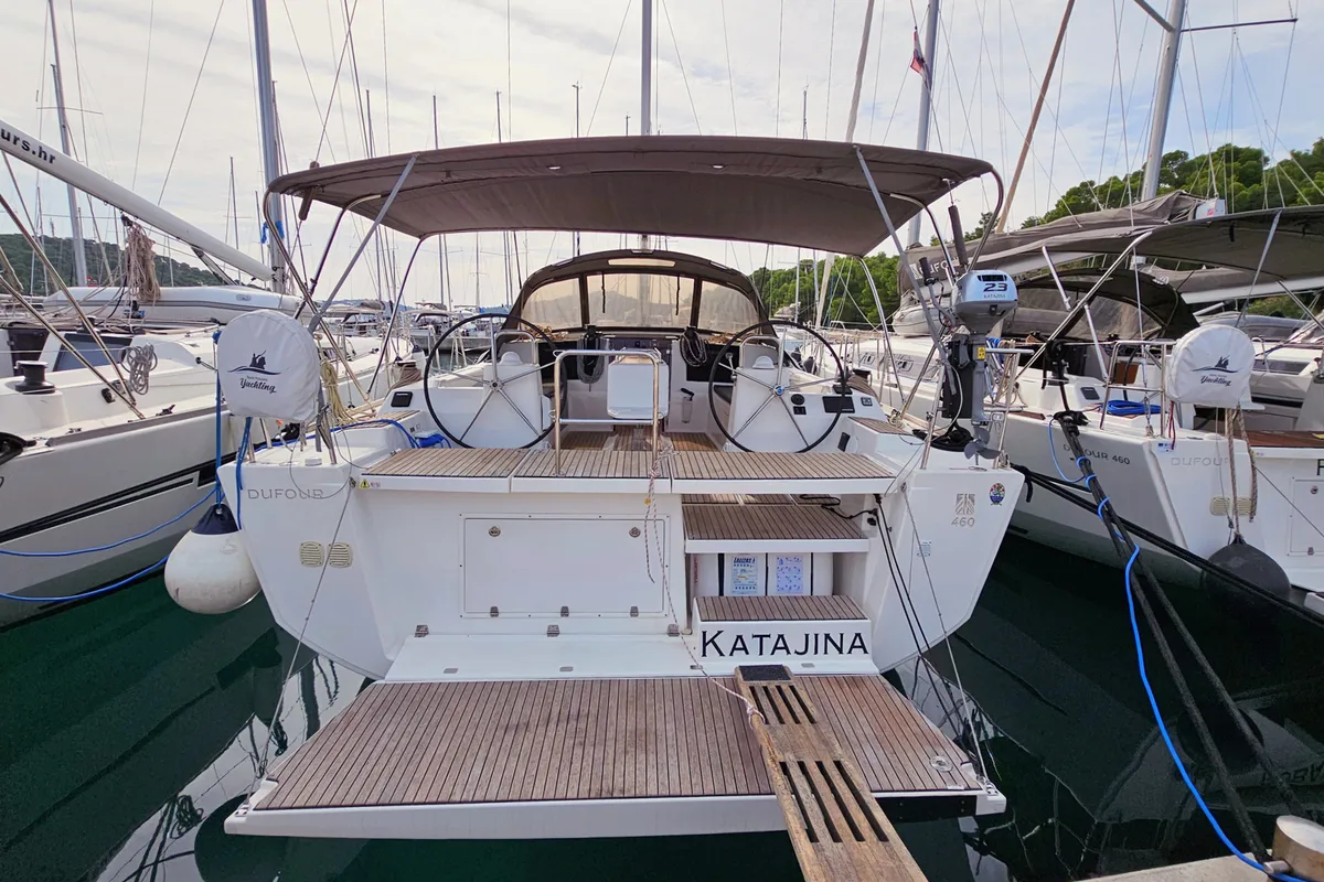 Exterior view of Katajina AC/Gen, a Dufour 460 Grand Large sailboat at Općina Rogoznica, Croatia