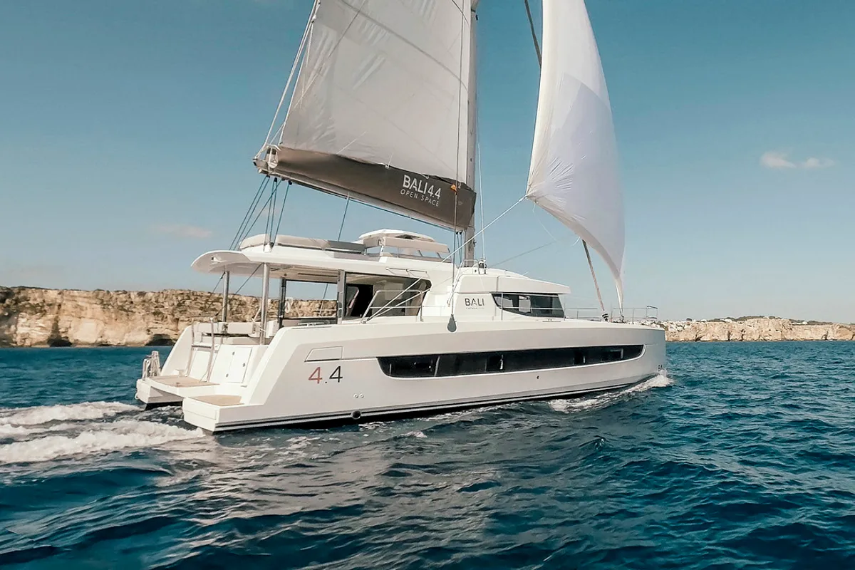 Exterior view of Emmelia, a Bali 4.4 catamaran at Athens, Greece