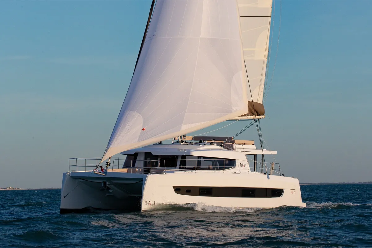 Exterior view of Emmelia, a Bali 4.4 catamaran at Athens, Greece