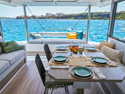 Deck of Emmelia, a Bali 4.4 catamaran at Athens, Greece