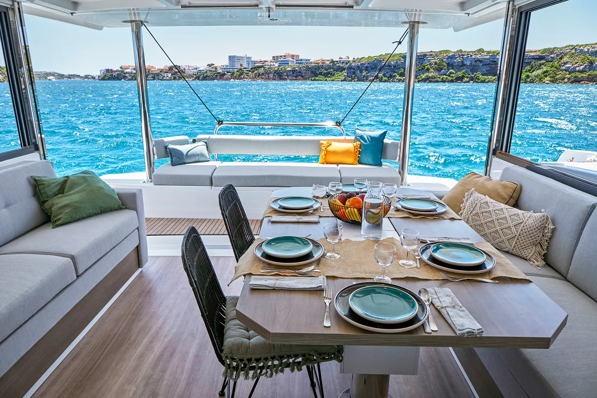 Deck of Emmelia, a Bali 4.4 catamaran at Athens, Greece