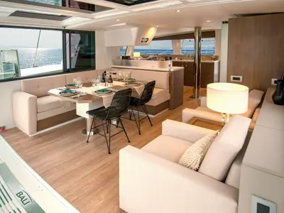 Salon of Emmelia, a Bali 4.4 catamaran at Athens, Greece
