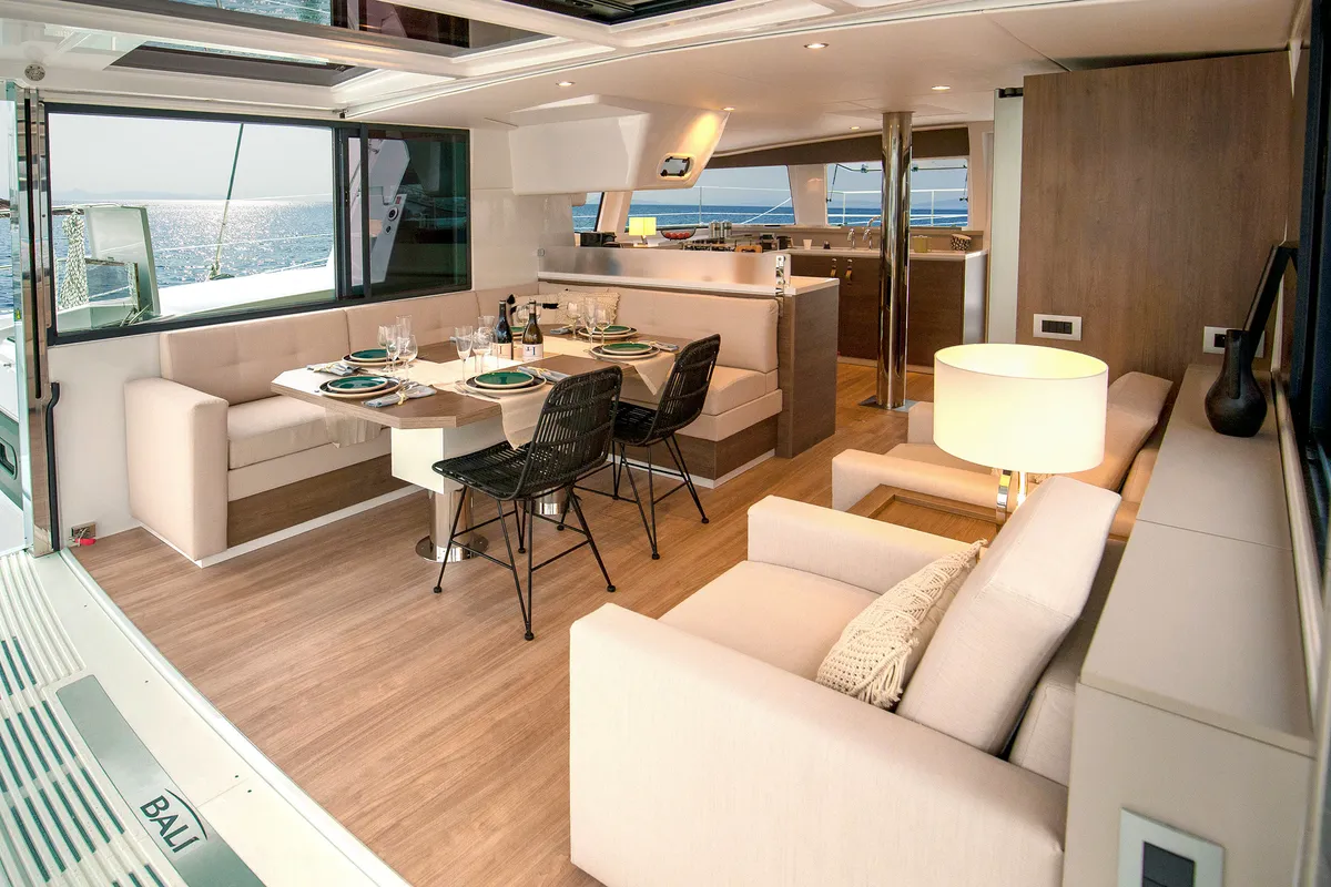 Salon of Emmelia, a Bali 4.4 catamaran at Athens, Greece