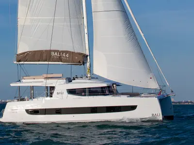 Exterior view of Emmelia, a Bali 4.4 catamaran at Athens, Greece
