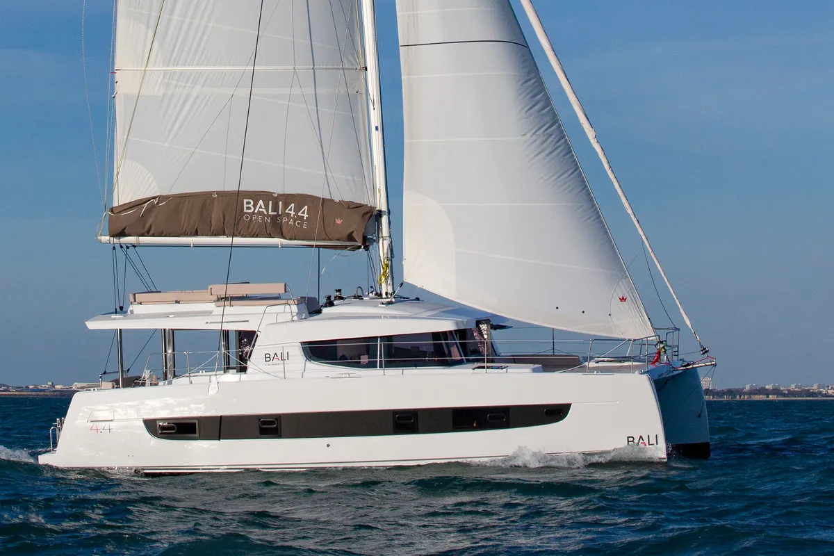 Exterior view of Emmelia, a Bali 4.4 catamaran at Athens, Greece