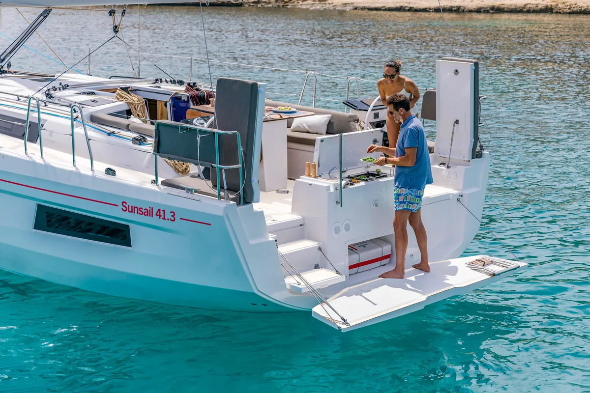 Deck of Sunsail 41.3 Premium, a Dufour 41 sailboat at Municipal Unit of Lefkada, Greece
