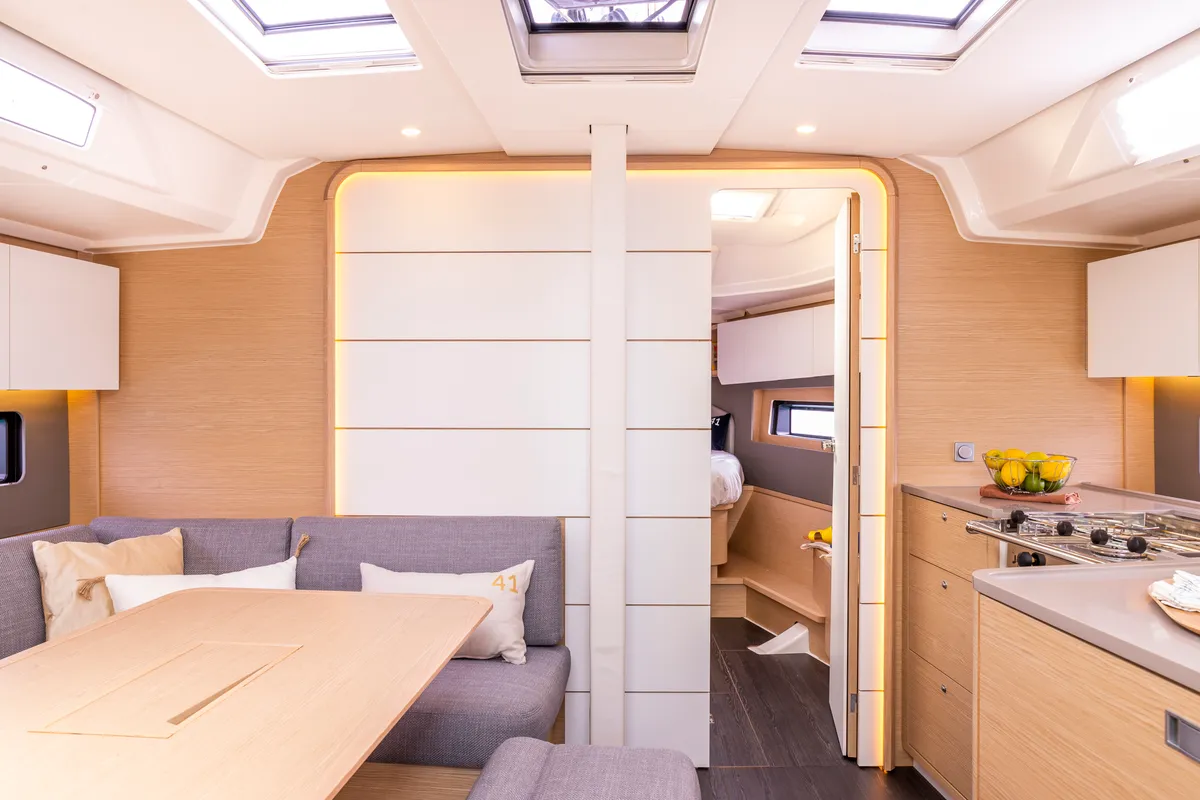 Salon of Sunsail 41.3 Premium, a Dufour 41 sailboat at Municipal Unit of Lefkada, Greece