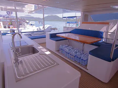 Deck of Island Breeze, a Island Spirit 38 catamaran at Baan Salak Phet, Thailand