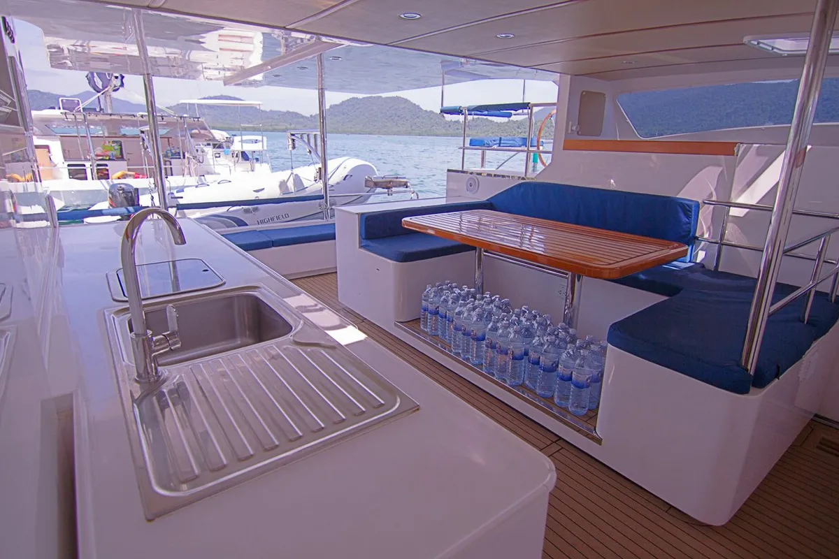 Deck of Island Breeze, a Island Spirit 38 catamaran at Baan Salak Phet, Thailand